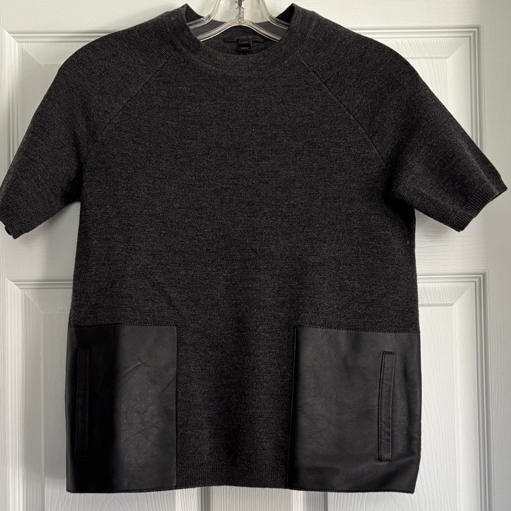 J. Crew Dark Gray 100% Wool Crewneck Sweater with Black Leather Accent Pockets